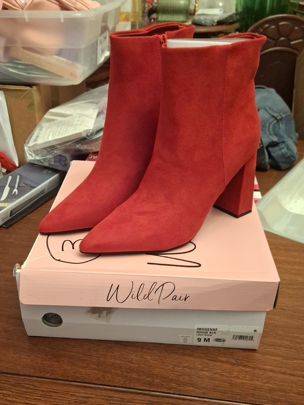Wild Pair Red Faux Suede Pointed Block-Heel Ankle Boots